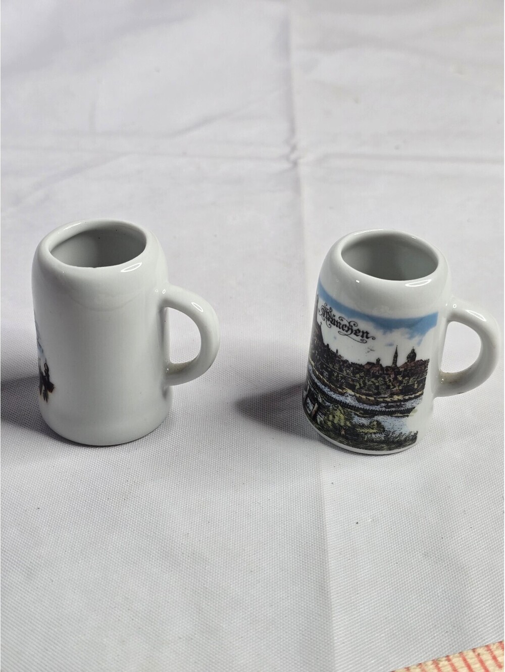 Vintage White Ceramic Miniature Souvenir Mugs / Toothpick Holders (Pair)